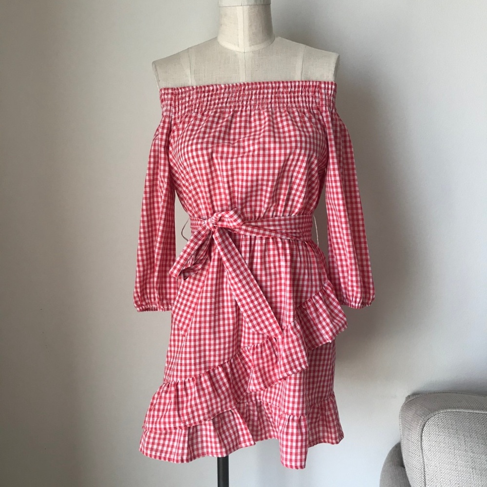 [LF] Red Gingham Ruffle Mini Dress